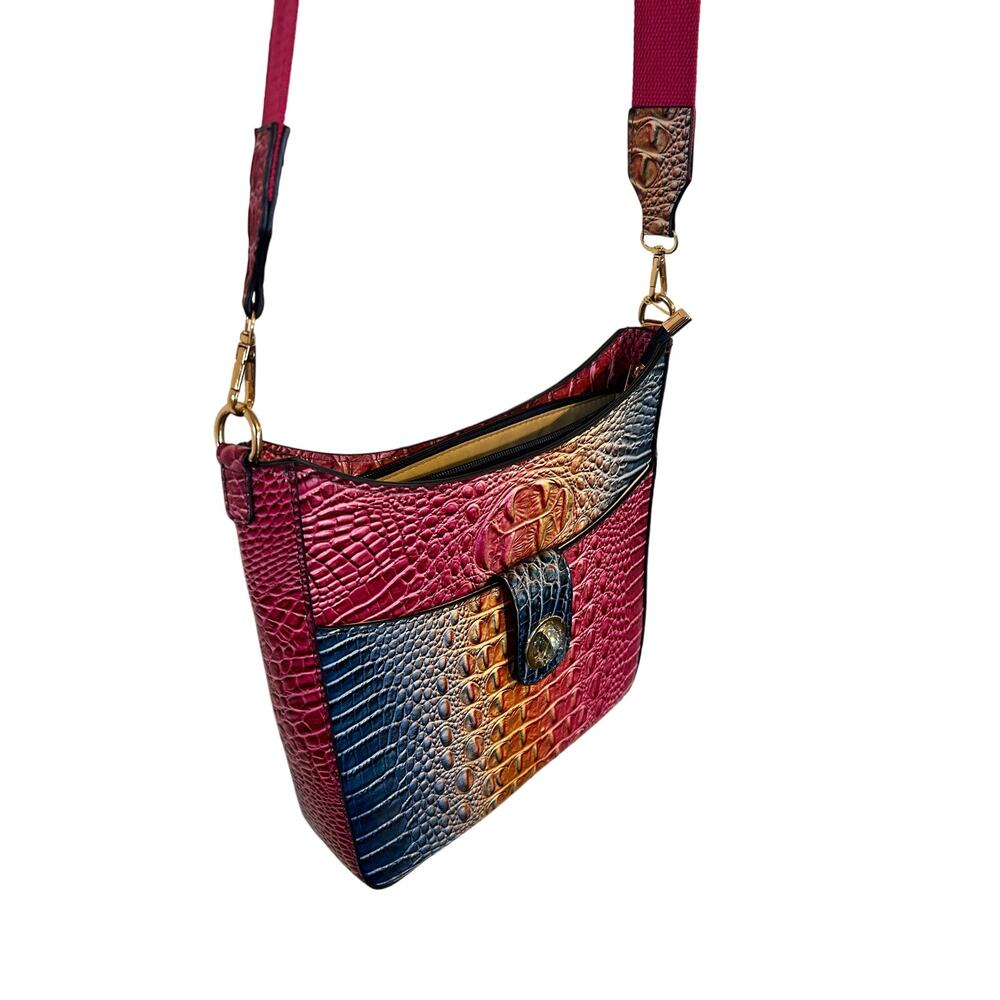 Gradient Rainbow Faux Crocodile Crossbody Bag & Coin Purse Set Ombre Vegan EUC